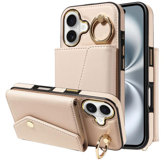 For iPhone 16 Diagonal Crossbody Ring Organ Wallet Leather Back Phone Case(Beige) - iPhone 16 Cases by buy2fix | Online Shopping UK | buy2fix