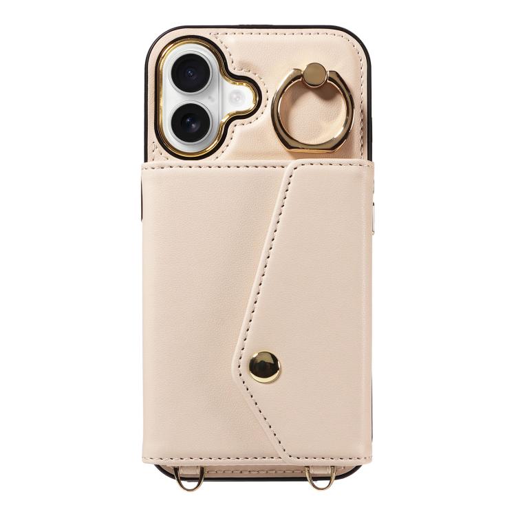 For iPhone 16 Diagonal Crossbody Ring Organ Wallet Leather Back Phone Case(Beige) - iPhone 16 Cases by buy2fix | Online Shopping UK | buy2fix