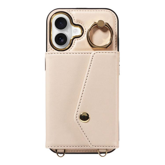 For iPhone 16 Diagonal Crossbody Ring Organ Wallet Leather Back Phone Case(Beige) - iPhone 16 Cases by buy2fix | Online Shopping UK | buy2fix
