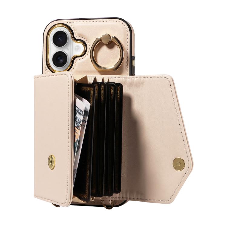 For iPhone 16 Diagonal Crossbody Ring Organ Wallet Leather Back Phone Case(Beige) - iPhone 16 Cases by buy2fix | Online Shopping UK | buy2fix