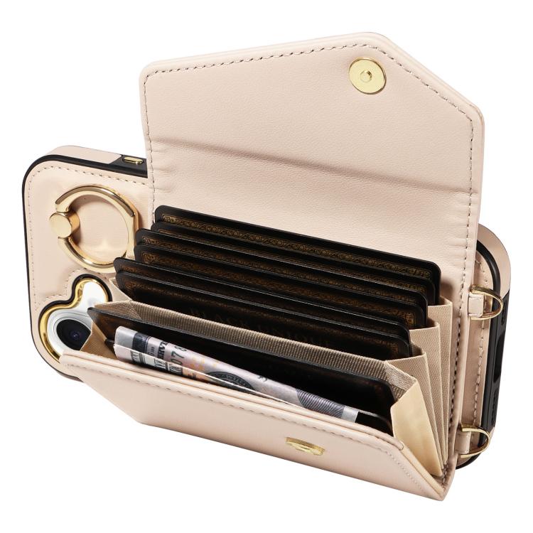 For iPhone 16 Diagonal Crossbody Ring Organ Wallet Leather Back Phone Case(Beige) - iPhone 16 Cases by buy2fix | Online Shopping UK | buy2fix