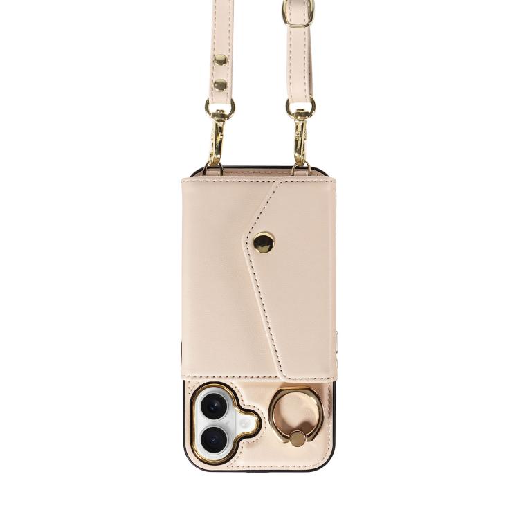 For iPhone 16 Diagonal Crossbody Ring Organ Wallet Leather Back Phone Case(Beige) - iPhone 16 Cases by buy2fix | Online Shopping UK | buy2fix