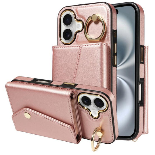 For iPhone 16 Diagonal Crossbody Ring Organ Wallet Leather Back Phone Case(Rose Gold) - iPhone 16 Cases by buy2fix | Online Shopping UK | buy2fix