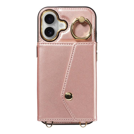 For iPhone 16 Diagonal Crossbody Ring Organ Wallet Leather Back Phone Case(Rose Gold) - iPhone 16 Cases by buy2fix | Online Shopping UK | buy2fix