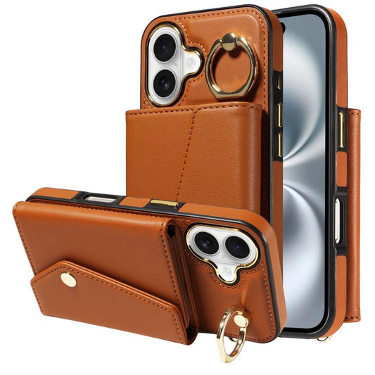 For iPhone 16 Diagonal Crossbody Ring Organ Wallet Leather Back Phone Case(Brown) - iPhone 16 Cases by buy2fix | Online Shopping UK | buy2fix