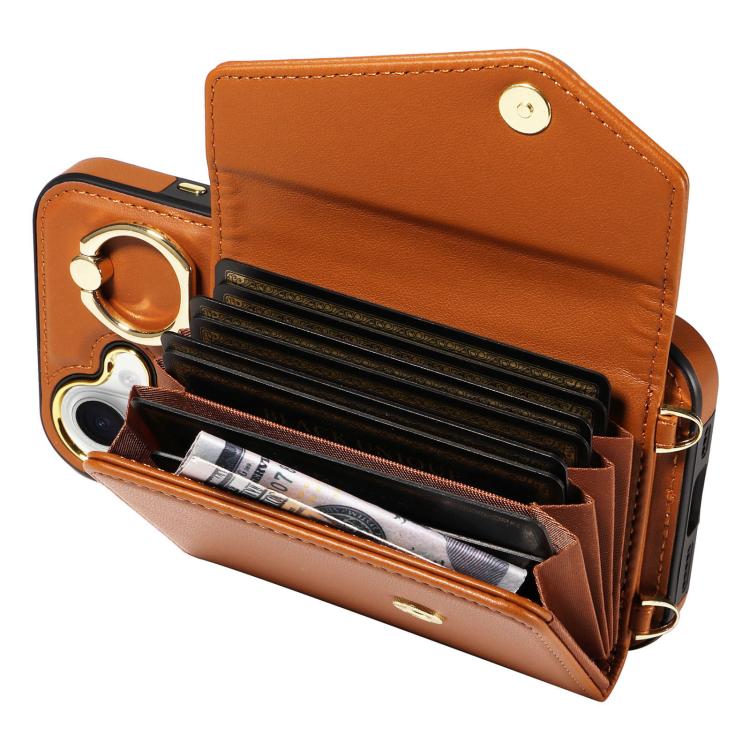 For iPhone 16 Diagonal Crossbody Ring Organ Wallet Leather Back Phone Case(Brown) - iPhone 16 Cases by buy2fix | Online Shopping UK | buy2fix