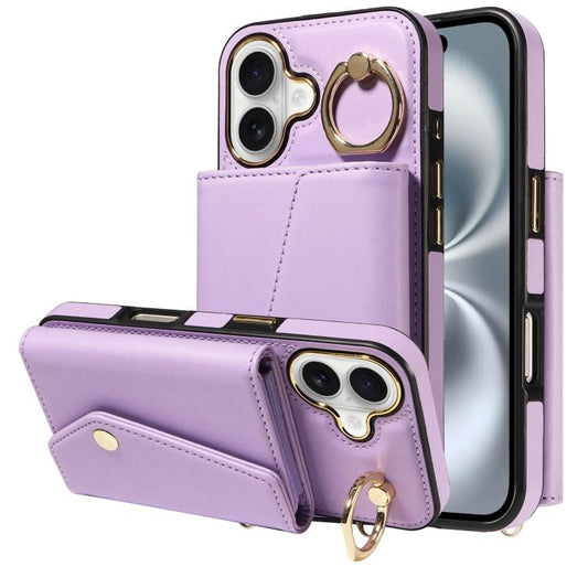 For iPhone 16 Diagonal Crossbody Ring Organ Wallet Leather Back Phone Case(Purple) - iPhone 16 Cases by buy2fix | Online Shopping UK | buy2fix