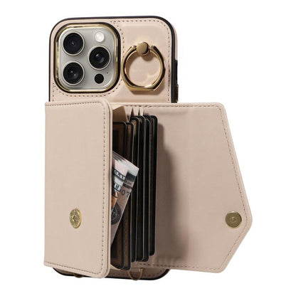 For iPhone 15 Pro Max Diagonal Crossbody Ring Organ Wallet Leather Back Phone Case(Beige) - iPhone 15 Pro Max Cases by buy2fix | Online Shopping UK | buy2fix