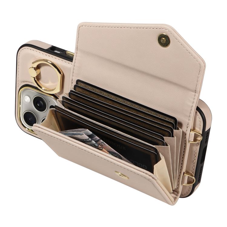 For iPhone 15 Pro Max Diagonal Crossbody Ring Organ Wallet Leather Back Phone Case(Beige) - iPhone 15 Pro Max Cases by buy2fix | Online Shopping UK | buy2fix