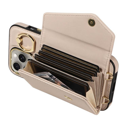 For iPhone 15 Pro Max Diagonal Crossbody Ring Organ Wallet Leather Back Phone Case(Beige) - iPhone 15 Pro Max Cases by buy2fix | Online Shopping UK | buy2fix