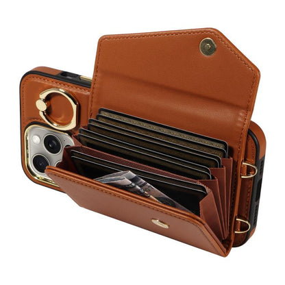 For iPhone 15 Pro Max Diagonal Crossbody Ring Organ Wallet Leather Back Phone Case(Brown) - iPhone 15 Pro Max Cases by buy2fix | Online Shopping UK | buy2fix