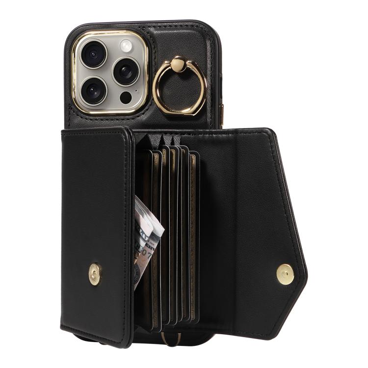 For iPhone 15 Pro Diagonal Crossbody Ring Organ Wallet Leather Back Phone Case(Black) - iPhone 15 Pro Cases by buy2fix | Online Shopping UK | buy2fix