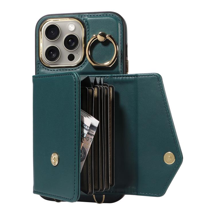 For iPhone 15 Pro Diagonal Crossbody Ring Organ Wallet Leather Back Phone Case(Dark Green) - iPhone 15 Pro Cases by buy2fix | Online Shopping UK | buy2fix