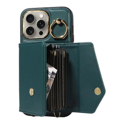 For iPhone 15 Pro Diagonal Crossbody Ring Organ Wallet Leather Back Phone Case(Dark Green) - iPhone 15 Pro Cases by buy2fix | Online Shopping UK | buy2fix
