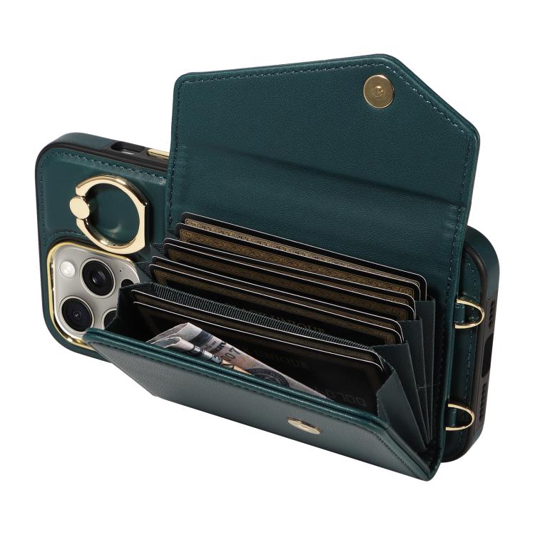 For iPhone 15 Pro Diagonal Crossbody Ring Organ Wallet Leather Back Phone Case(Dark Green) - iPhone 15 Pro Cases by buy2fix | Online Shopping UK | buy2fix