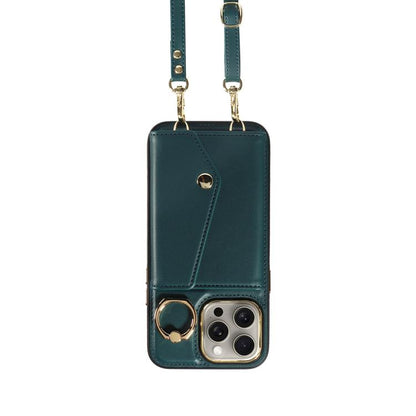 For iPhone 15 Pro Diagonal Crossbody Ring Organ Wallet Leather Back Phone Case(Dark Green) - iPhone 15 Pro Cases by buy2fix | Online Shopping UK | buy2fix