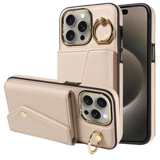 For iPhone 15 Pro Diagonal Crossbody Ring Organ Wallet Leather Back Phone Case(Beige) - iPhone 15 Pro Cases by buy2fix | Online Shopping UK | buy2fix