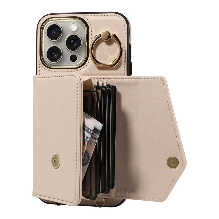 For iPhone 15 Pro Diagonal Crossbody Ring Organ Wallet Leather Back Phone Case(Beige) - iPhone 15 Pro Cases by buy2fix | Online Shopping UK | buy2fix