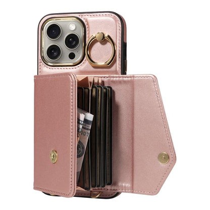 For iPhone 15 Pro Diagonal Crossbody Ring Organ Wallet Leather Back Phone Case(Rose Gold) - iPhone 15 Pro Cases by buy2fix | Online Shopping UK | buy2fix