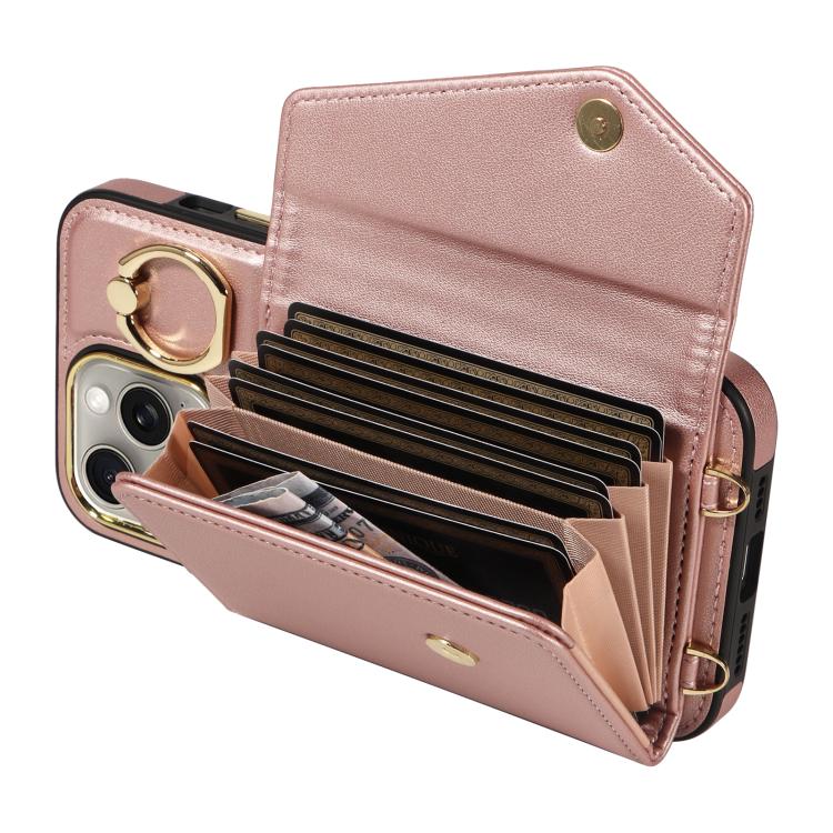 For iPhone 15 Pro Diagonal Crossbody Ring Organ Wallet Leather Back Phone Case(Rose Gold) - iPhone 15 Pro Cases by buy2fix | Online Shopping UK | buy2fix