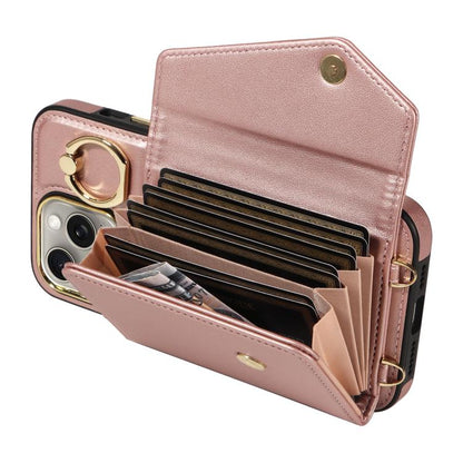For iPhone 15 Pro Diagonal Crossbody Ring Organ Wallet Leather Back Phone Case(Rose Gold) - iPhone 15 Pro Cases by buy2fix | Online Shopping UK | buy2fix