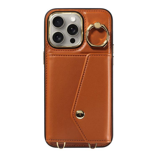 For iPhone 15 Pro Diagonal Crossbody Ring Organ Wallet Leather Back Phone Case(Brown) - iPhone 15 Pro Cases by buy2fix | Online Shopping UK | buy2fix
