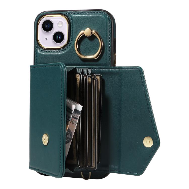 For iPhone 15 Plus Diagonal Crossbody Ring Organ Wallet Leather Back Phone Case(Dark Green) - iPhone 15 Plus Cases by buy2fix | Online Shopping UK | buy2fix