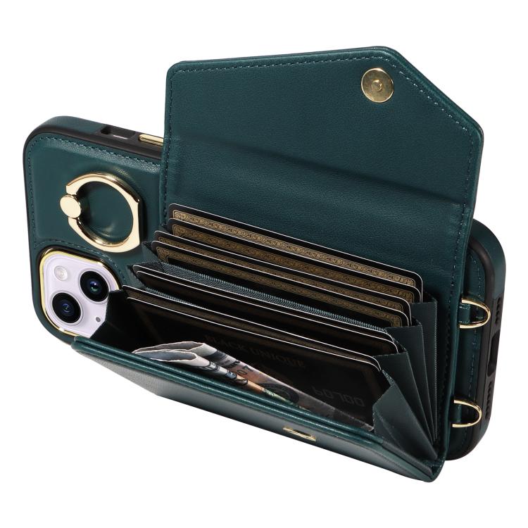 For iPhone 15 Plus Diagonal Crossbody Ring Organ Wallet Leather Back Phone Case(Dark Green) - iPhone 15 Plus Cases by buy2fix | Online Shopping UK | buy2fix
