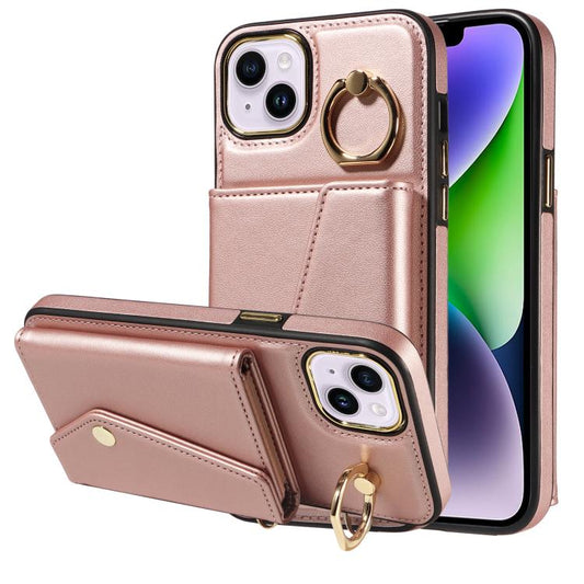 For iPhone 15 Plus Diagonal Crossbody Ring Organ Wallet Leather Back Phone Case(Rose Gold) - iPhone 15 Plus Cases by buy2fix | Online Shopping UK | buy2fix