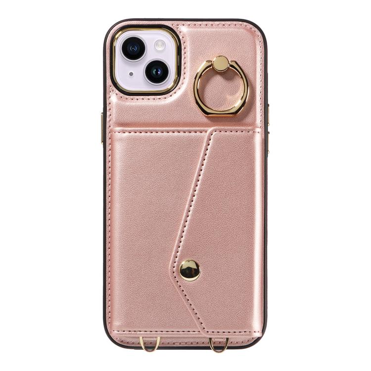 For iPhone 15 Plus Diagonal Crossbody Ring Organ Wallet Leather Back Phone Case(Rose Gold) - iPhone 15 Plus Cases by buy2fix | Online Shopping UK | buy2fix