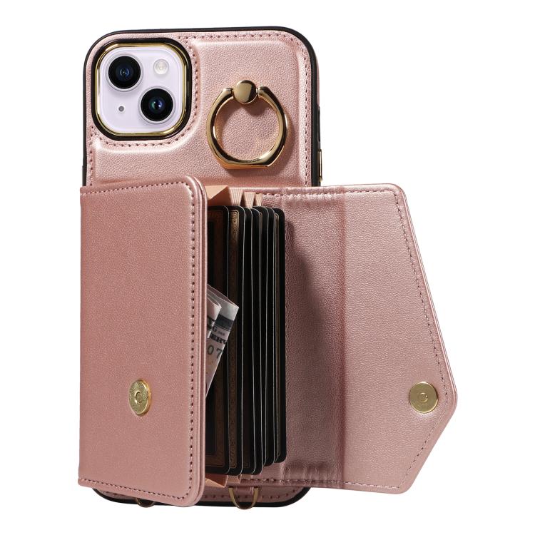 For iPhone 15 Plus Diagonal Crossbody Ring Organ Wallet Leather Back Phone Case(Rose Gold) - iPhone 15 Plus Cases by buy2fix | Online Shopping UK | buy2fix