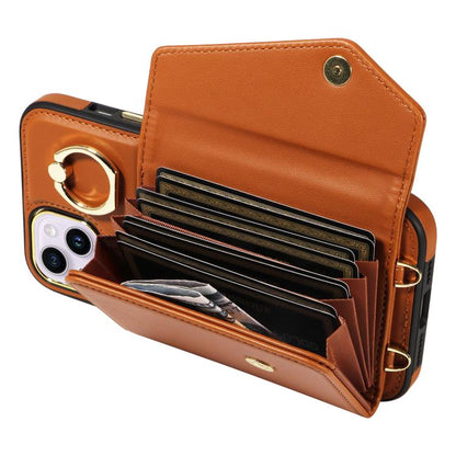 For iPhone 15 Plus Diagonal Crossbody Ring Organ Wallet Leather Back Phone Case(Brown) - iPhone 15 Plus Cases by buy2fix | Online Shopping UK | buy2fix