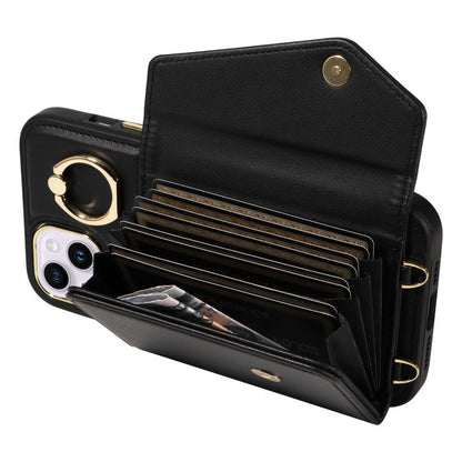 For iPhone 15 Diagonal Crossbody Ring Organ Wallet Leather Back Phone Case(Black) - iPhone 15 Cases by buy2fix | Online Shopping UK | buy2fix