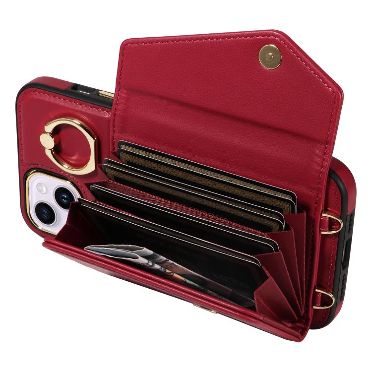 For iPhone 15 Diagonal Crossbody Ring Organ Wallet Leather Back Phone Case(Wine Red) - iPhone 15 Cases by buy2fix | Online Shopping UK | buy2fix