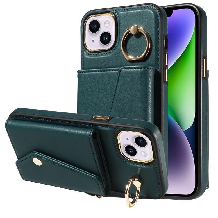 For iPhone 15 Diagonal Crossbody Ring Organ Wallet Leather Back Phone Case(Dark Green) - iPhone 15 Cases by buy2fix | Online Shopping UK | buy2fix