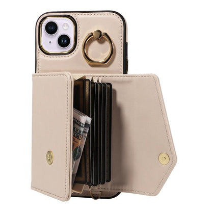 For iPhone 15 Diagonal Crossbody Ring Organ Wallet Leather Back Phone Case(Beige) - iPhone 15 Cases by buy2fix | Online Shopping UK | buy2fix