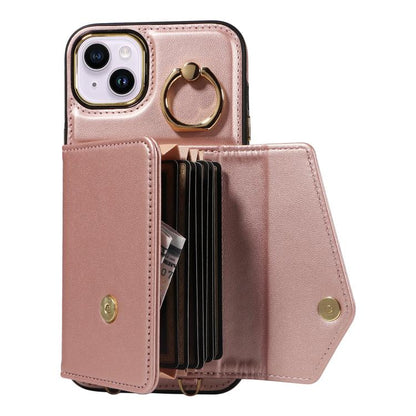 For iPhone 15 Diagonal Crossbody Ring Organ Wallet Leather Back Phone Case(Rose Gold) - iPhone 15 Cases by buy2fix | Online Shopping UK | buy2fix