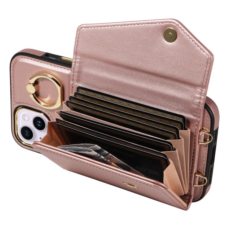 For iPhone 15 Diagonal Crossbody Ring Organ Wallet Leather Back Phone Case(Rose Gold) - iPhone 15 Cases by buy2fix | Online Shopping UK | buy2fix