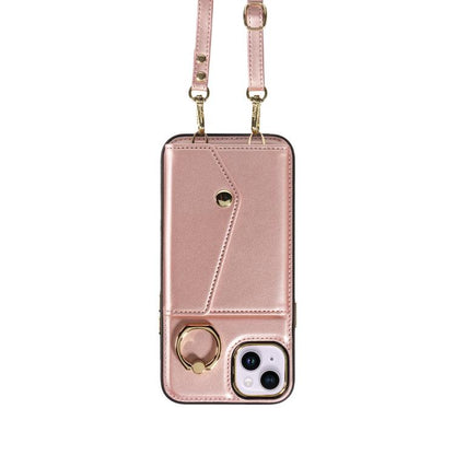 For iPhone 15 Diagonal Crossbody Ring Organ Wallet Leather Back Phone Case(Rose Gold) - iPhone 15 Cases by buy2fix | Online Shopping UK | buy2fix