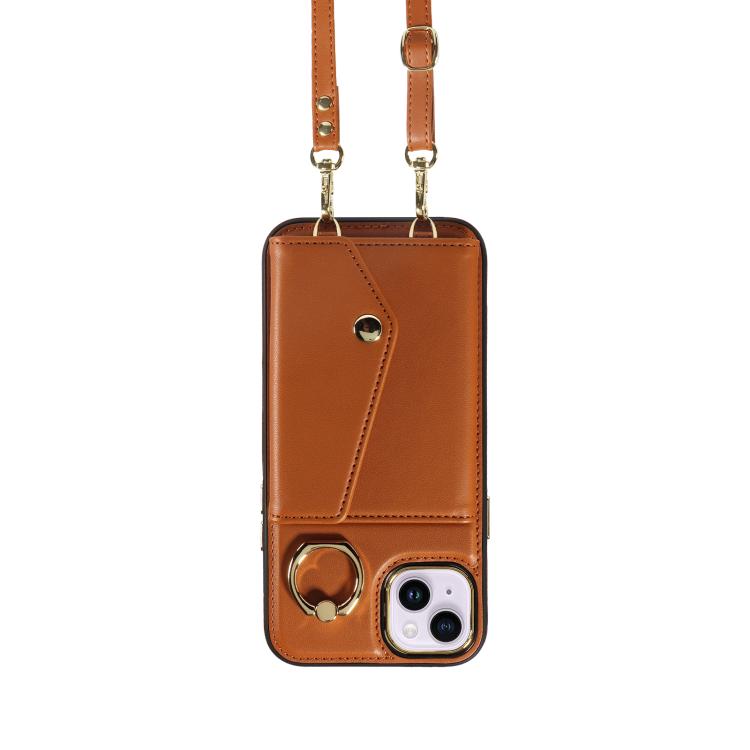 For iPhone 15 Diagonal Crossbody Ring Organ Wallet Leather Back Phone Case(Brown) - iPhone 15 Cases by buy2fix | Online Shopping UK | buy2fix