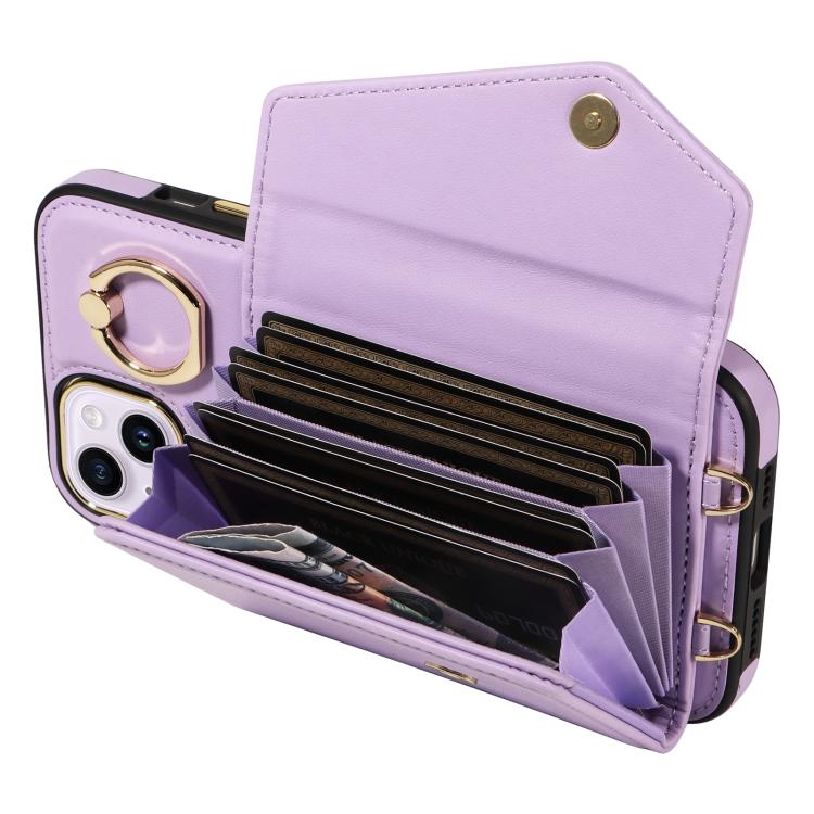 For iPhone 15 Diagonal Crossbody Ring Organ Wallet Leather Back Phone Case(Purple) - iPhone 15 Cases by buy2fix | Online Shopping UK | buy2fix