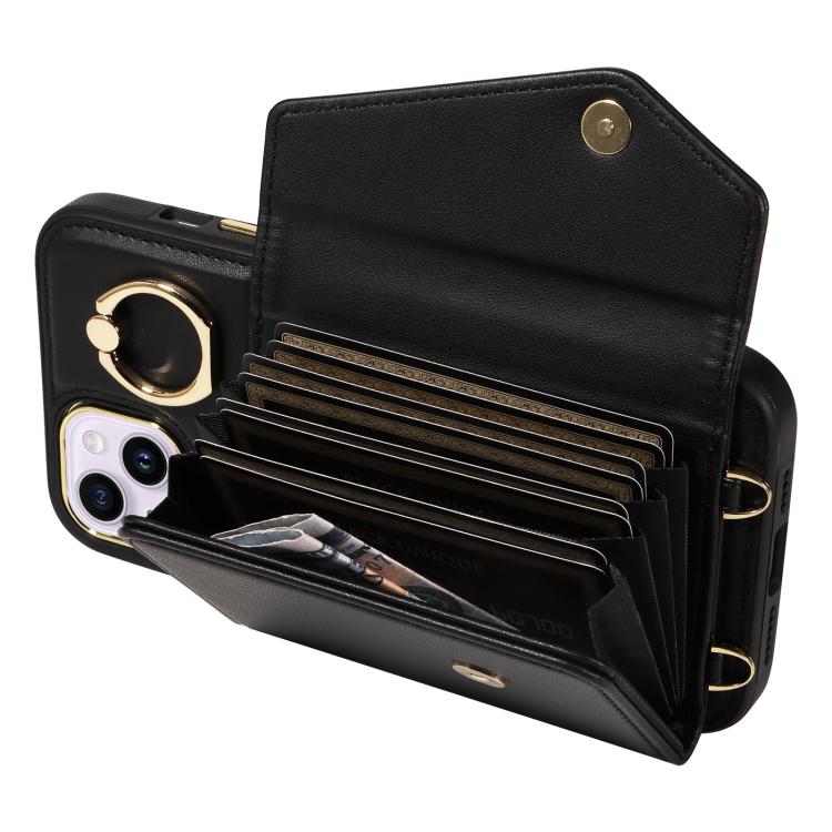 For iPhone 14 Plus Diagonal Crossbody Ring Organ Wallet Leather Back Phone Case(Black) - iPhone 14 Plus Cases by buy2fix | Online Shopping UK | buy2fix