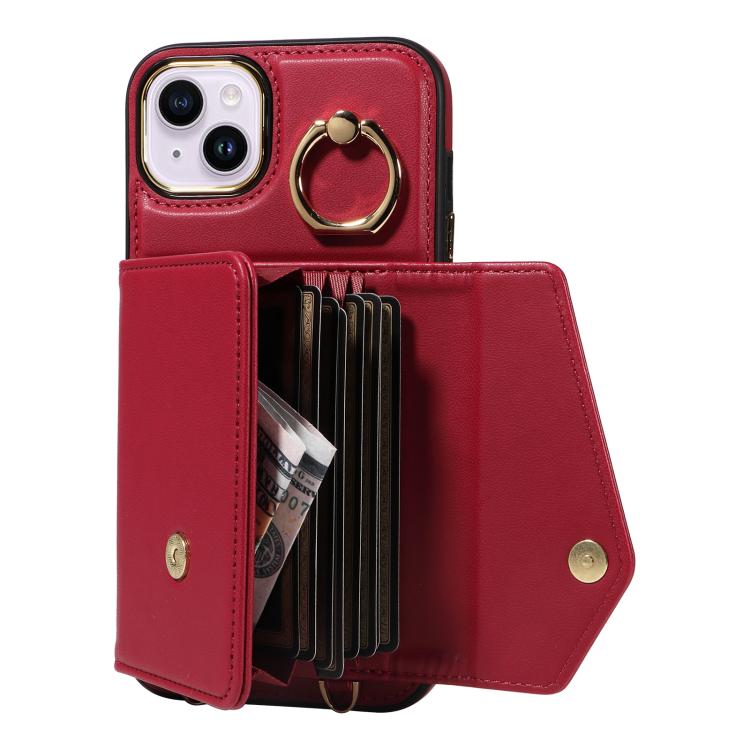 For iPhone 14 Plus Diagonal Crossbody Ring Organ Wallet Leather Back Phone Case(Wine Red) - iPhone 14 Plus Cases by buy2fix | Online Shopping UK | buy2fix