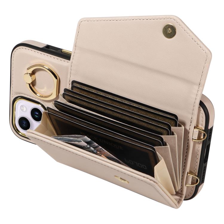 For iPhone 14 Plus Diagonal Crossbody Ring Organ Wallet Leather Back Phone Case(Beige) - iPhone 14 Plus Cases by buy2fix | Online Shopping UK | buy2fix