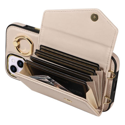 For iPhone 14 Plus Diagonal Crossbody Ring Organ Wallet Leather Back Phone Case(Beige) - iPhone 14 Plus Cases by buy2fix | Online Shopping UK | buy2fix