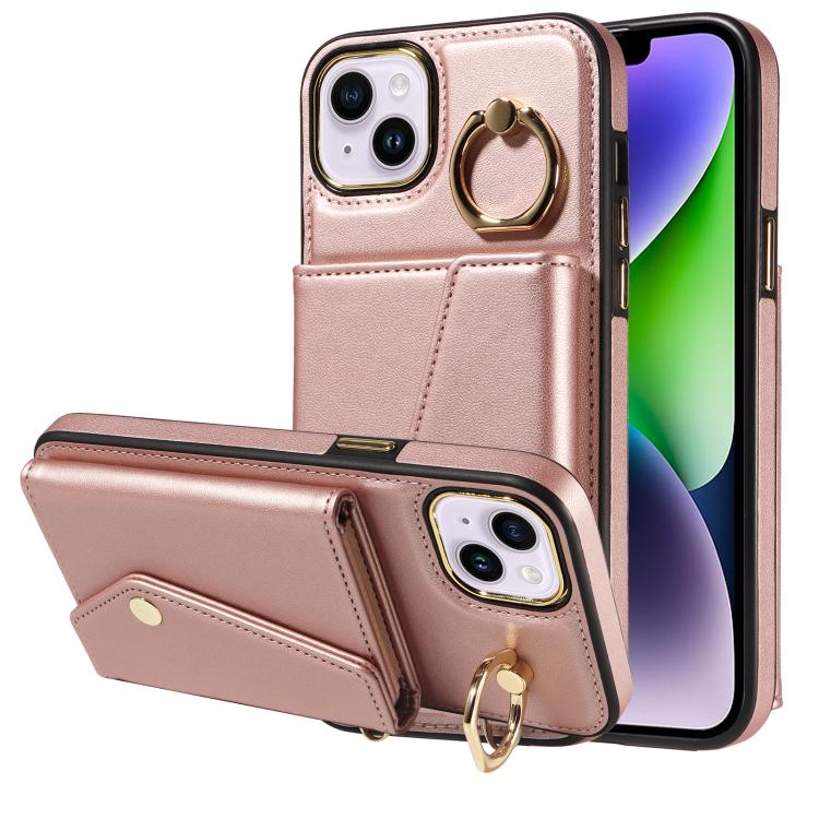 For iPhone 14 Plus Diagonal Crossbody Ring Organ Wallet Leather Back Phone Case(Rose Gold) - iPhone 14 Plus Cases by buy2fix | Online Shopping UK | buy2fix