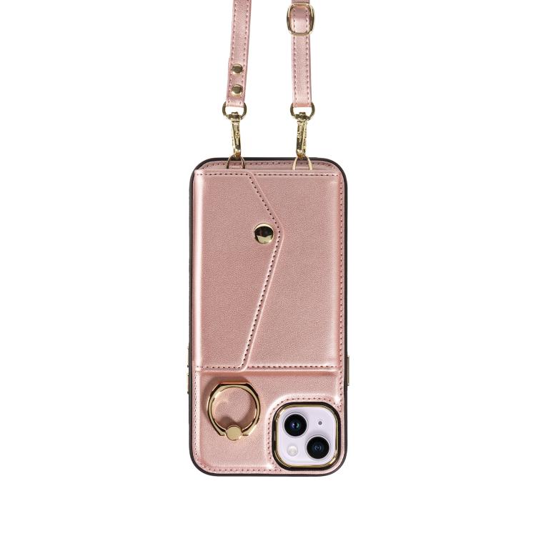 For iPhone 14 Plus Diagonal Crossbody Ring Organ Wallet Leather Back Phone Case(Rose Gold) - iPhone 14 Plus Cases by buy2fix | Online Shopping UK | buy2fix