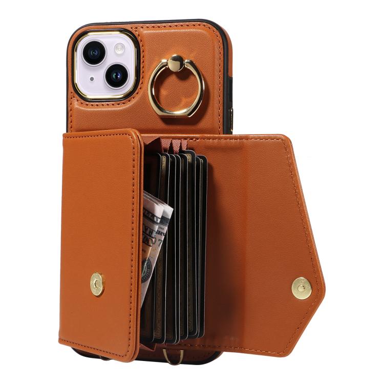 For iPhone 14 Plus Diagonal Crossbody Ring Organ Wallet Leather Back Phone Case(Brown) - iPhone 14 Plus Cases by buy2fix | Online Shopping UK | buy2fix