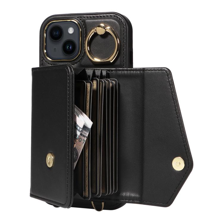For iPhone 14 Diagonal Crossbody Ring Organ Wallet Leather Back Phone Case(Black) - iPhone 14 Cases by buy2fix | Online Shopping UK | buy2fix