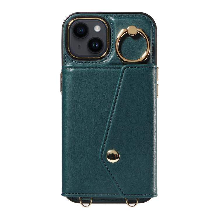 For iPhone 14 Diagonal Crossbody Ring Organ Wallet Leather Back Phone Case(Dark Green) - iPhone 14 Cases by buy2fix | Online Shopping UK | buy2fix